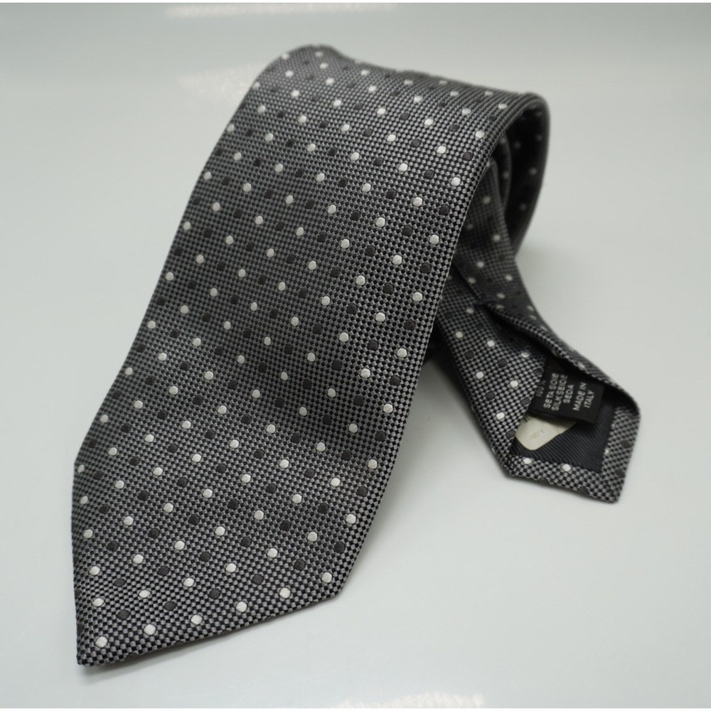 Ermenegildo Zegna Mens Silk Tie Grey White Polka Dot Micro Pattern Made in Italy